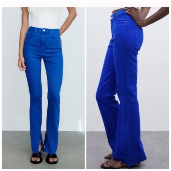 Zara Denim - NWT Zara High Rise Slim Flared Cut Bottom Cobalt Blue Jeans Sz 4